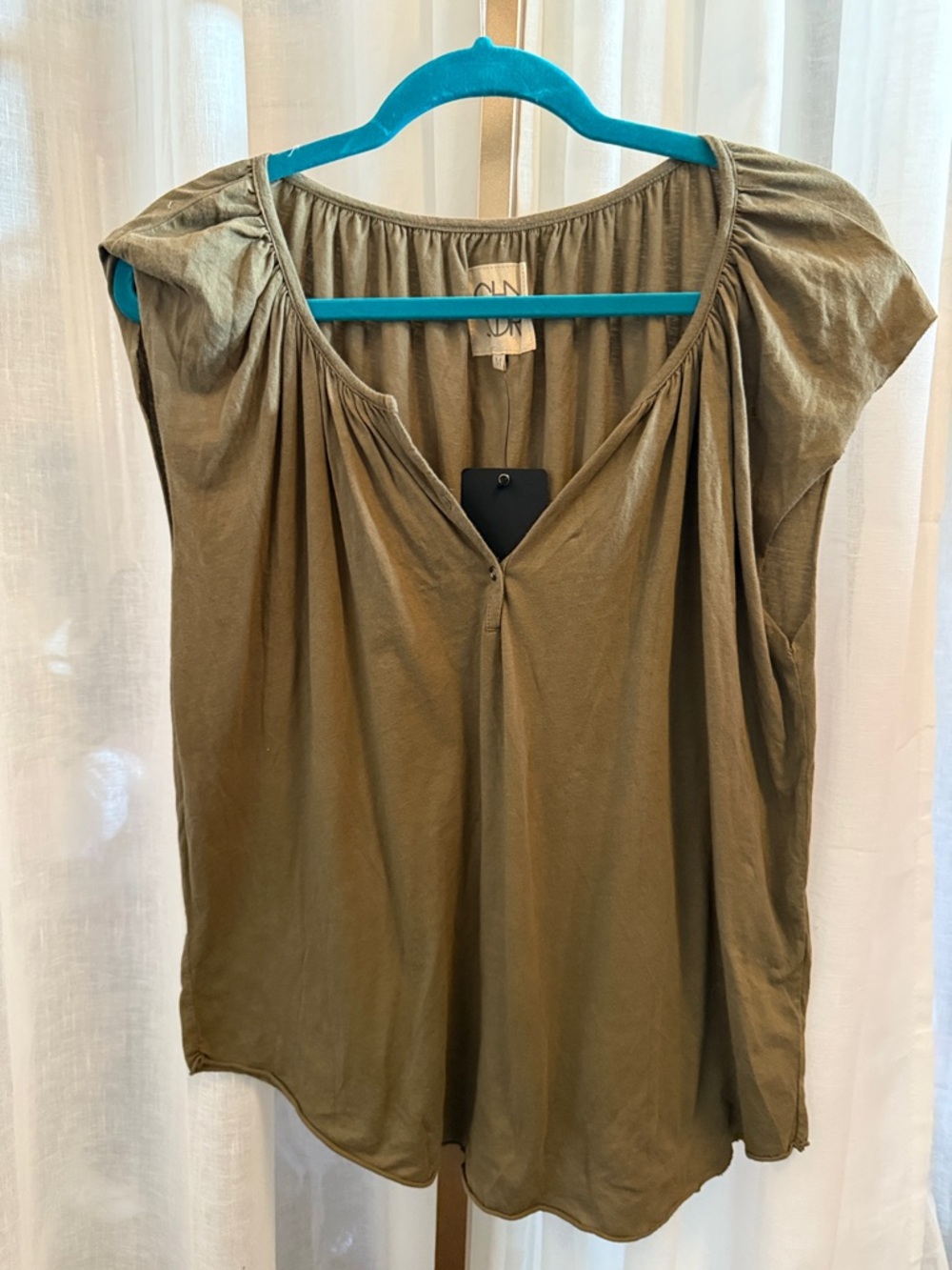 Chaser Olive Green Cap-Sleeve Pleated V-Notch Top